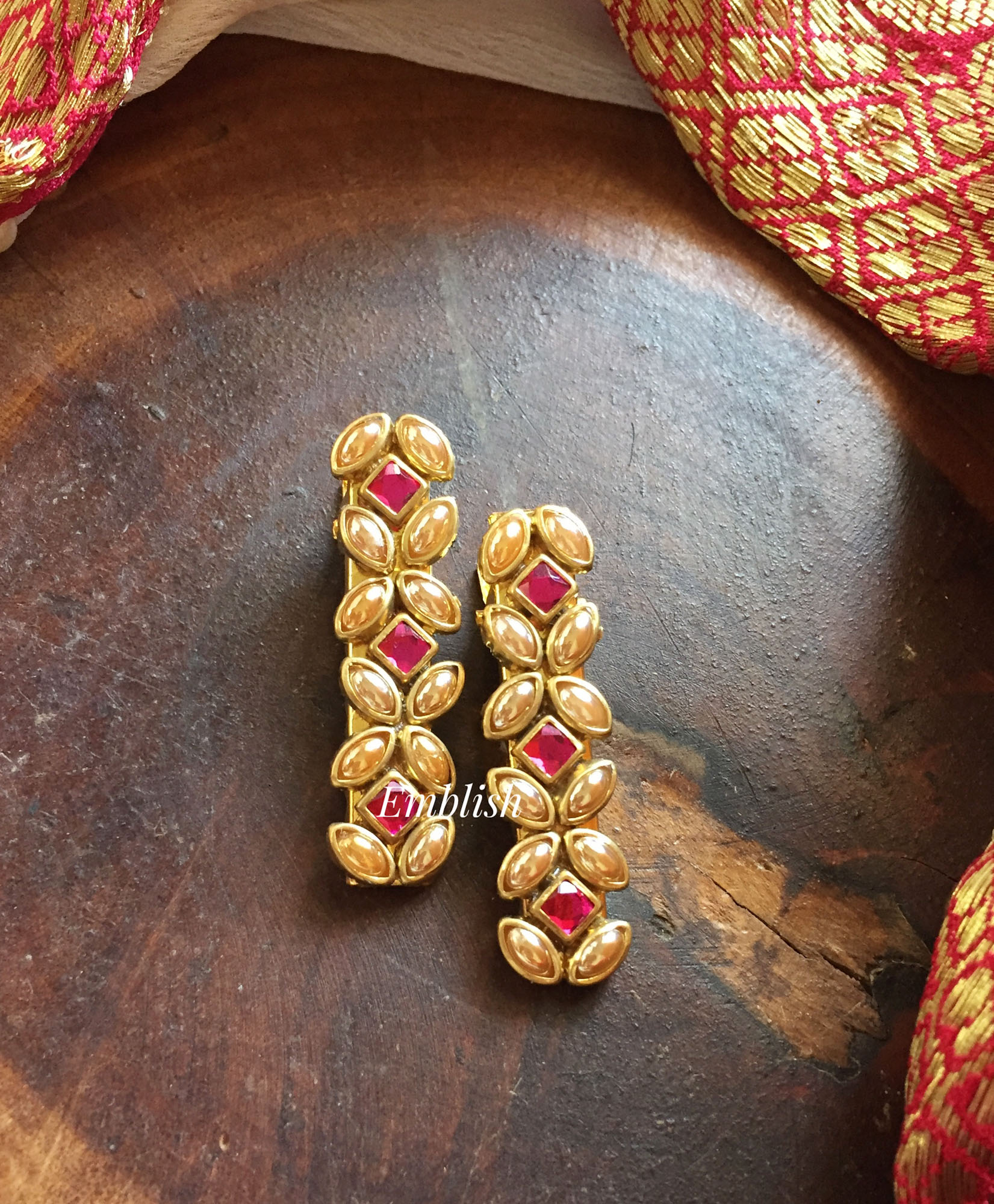 Flower Kundan Hair Clip - Golden Pearl with Pink